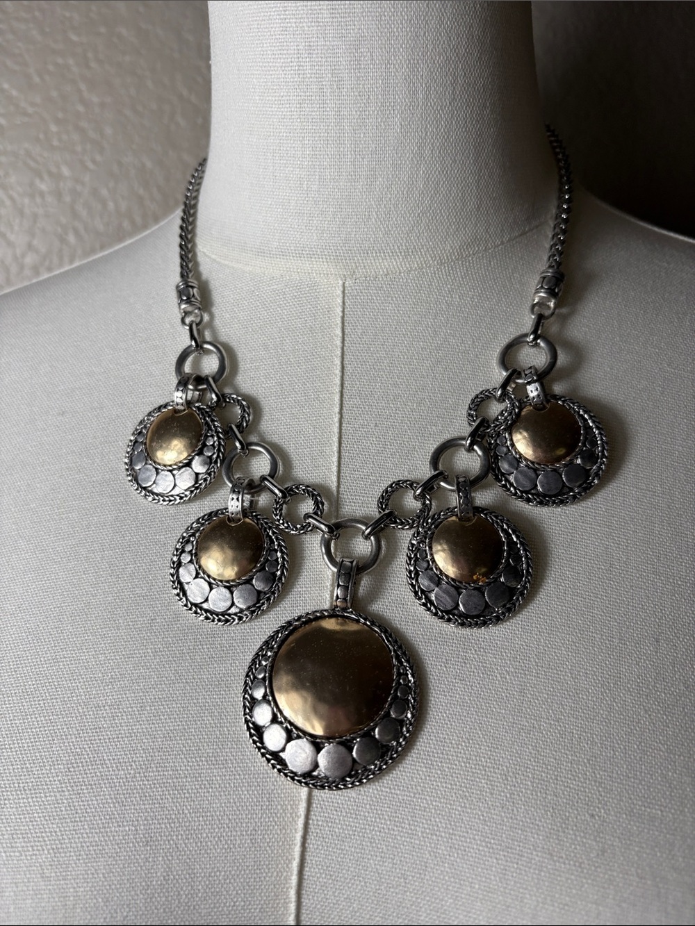 Chico's Two-Tone Disc Pendant Necklace in Silver and Gold